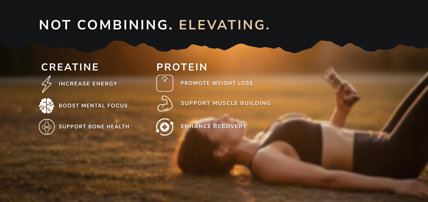 Not combining, elevating. Creatine increases energy, boosts mental focus, and supports bone health. Protein promotes weight loss, supports muscle building, and enhances recovery.